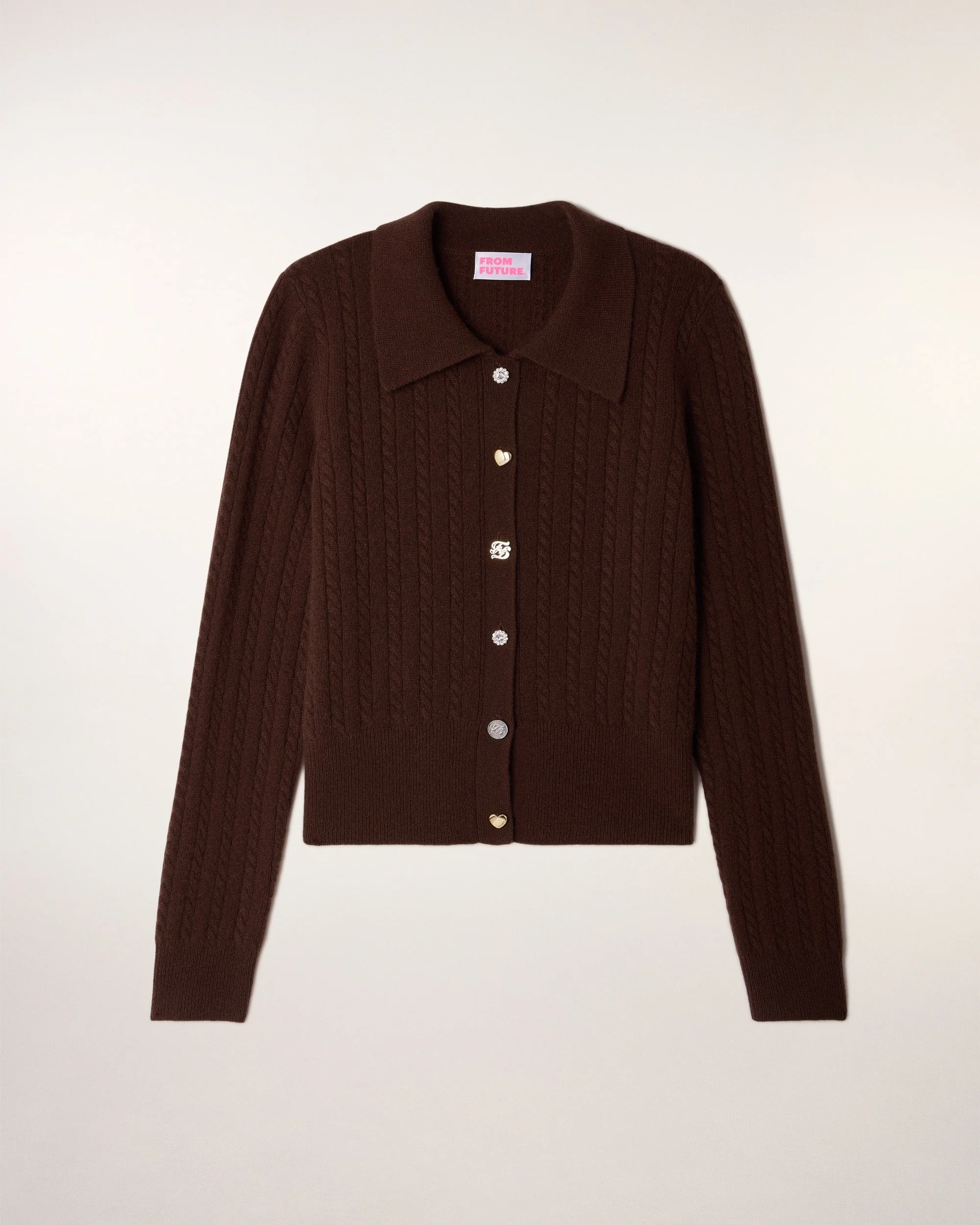 Fine Cable Knit Cardigan Novelty Buttons (S26/ FEMME/ Chocolat) - Image 5