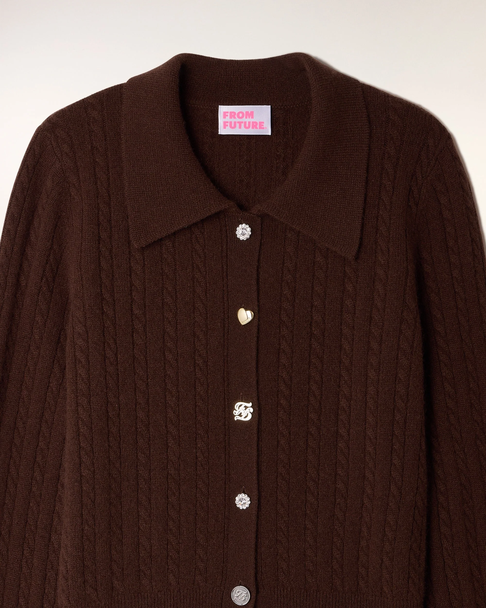Fine Cable Knit Cardigan Novelty Buttons (S26/ FEMME/ Chocolat) - Image 6