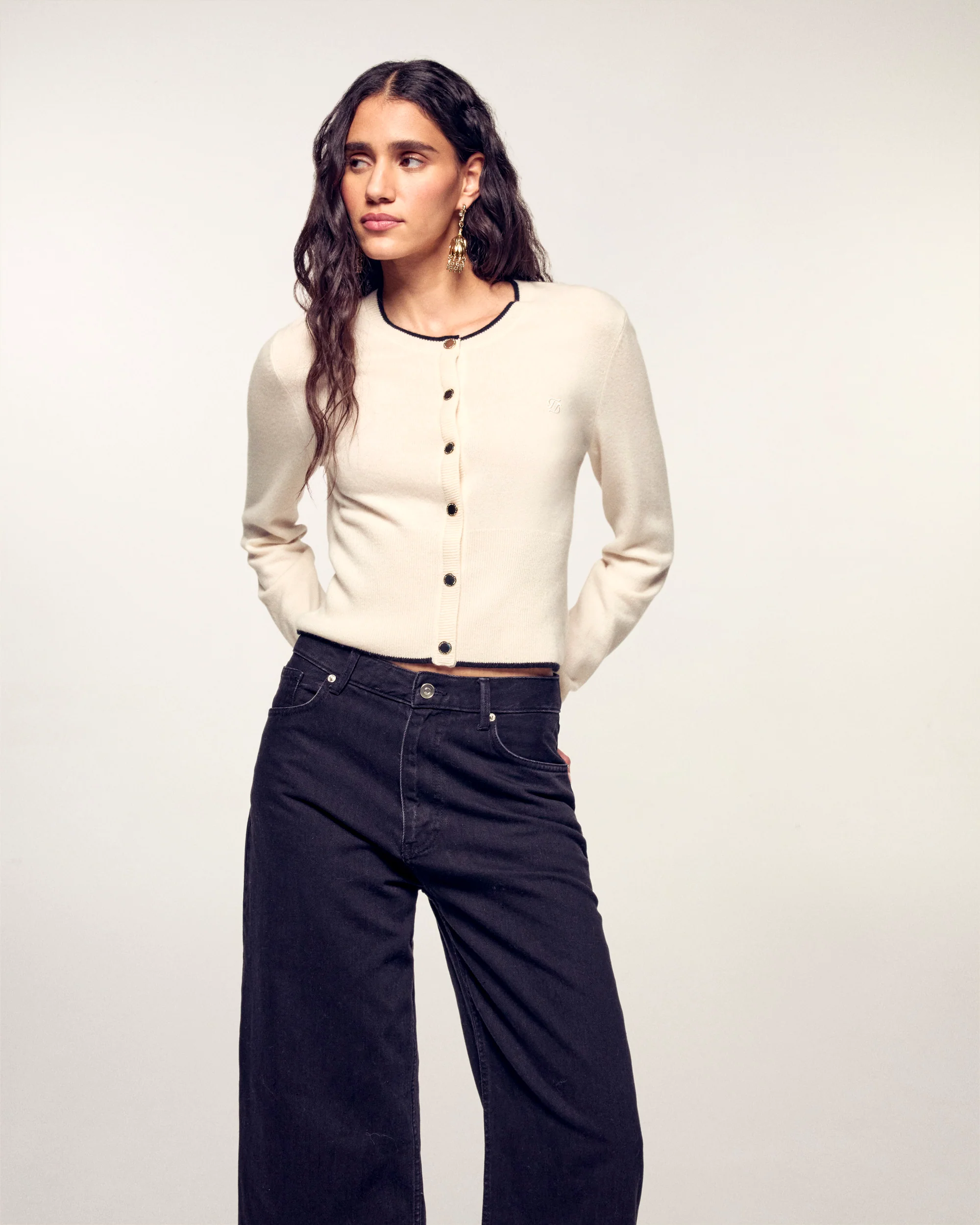 Contrast Trim Cashmere Cardigan (S26 / FEMME / Ecru)