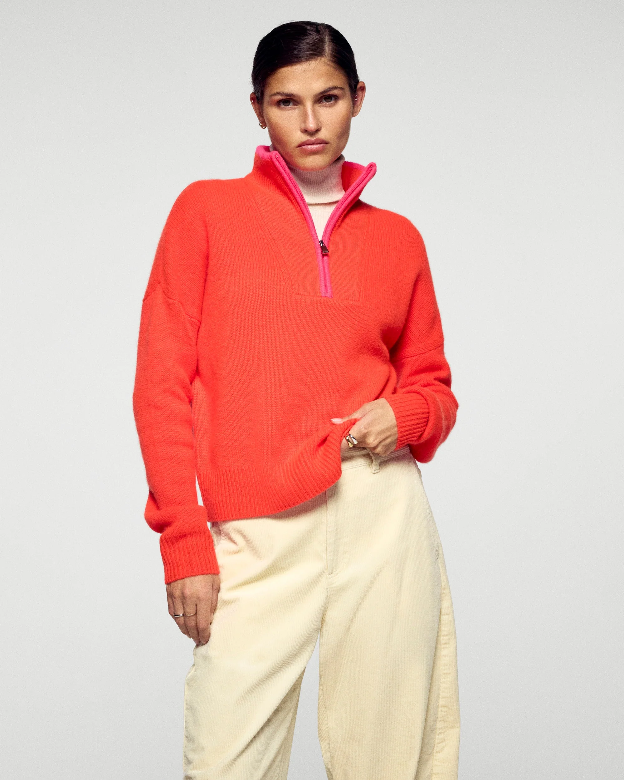Zip Neck Sweater with Contrast Trims (H25 / FEMME / Cosmic Orange)