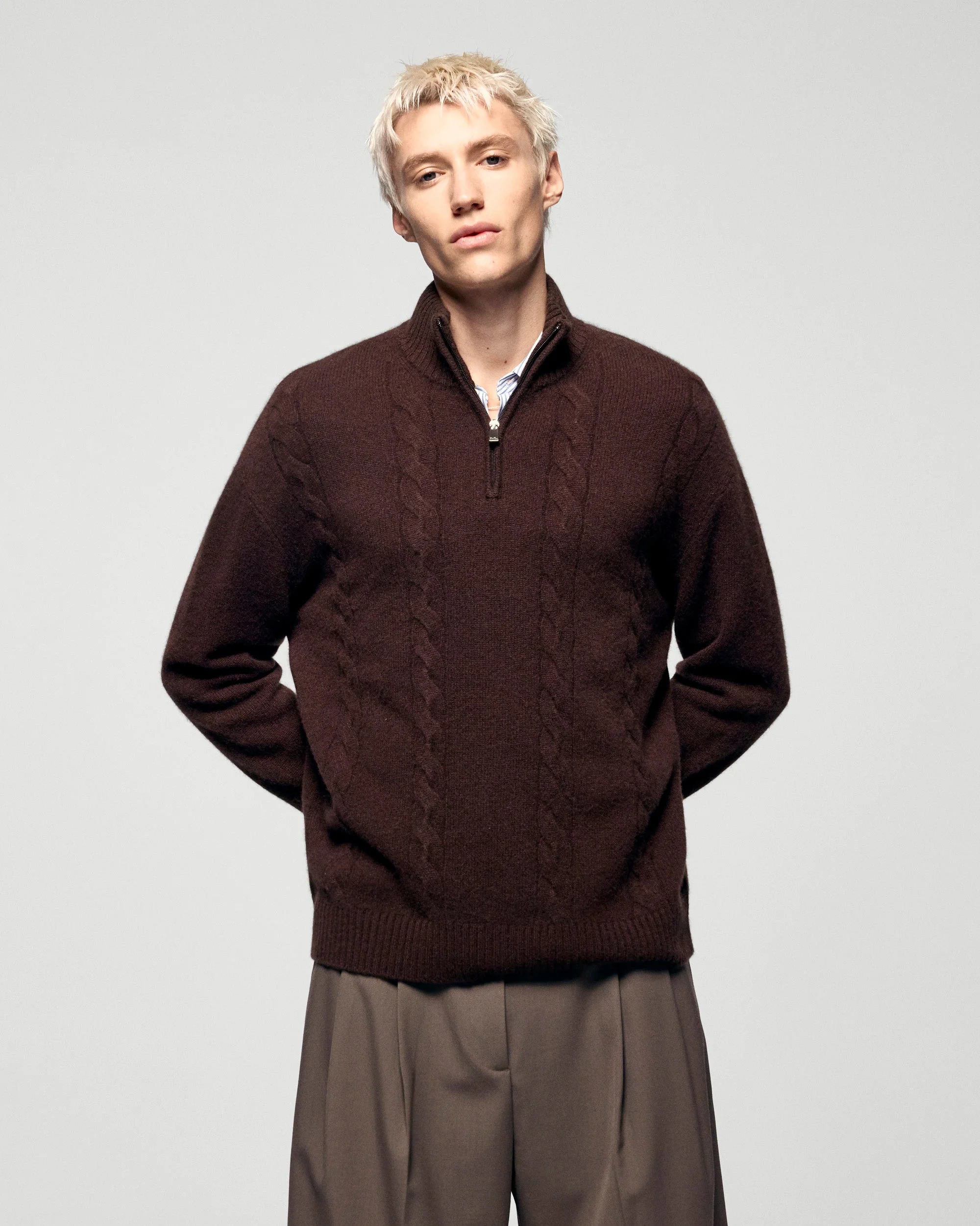 Cable Knit Quarter Zip Neck Sweater (H25 / HOMME / Chocolate)