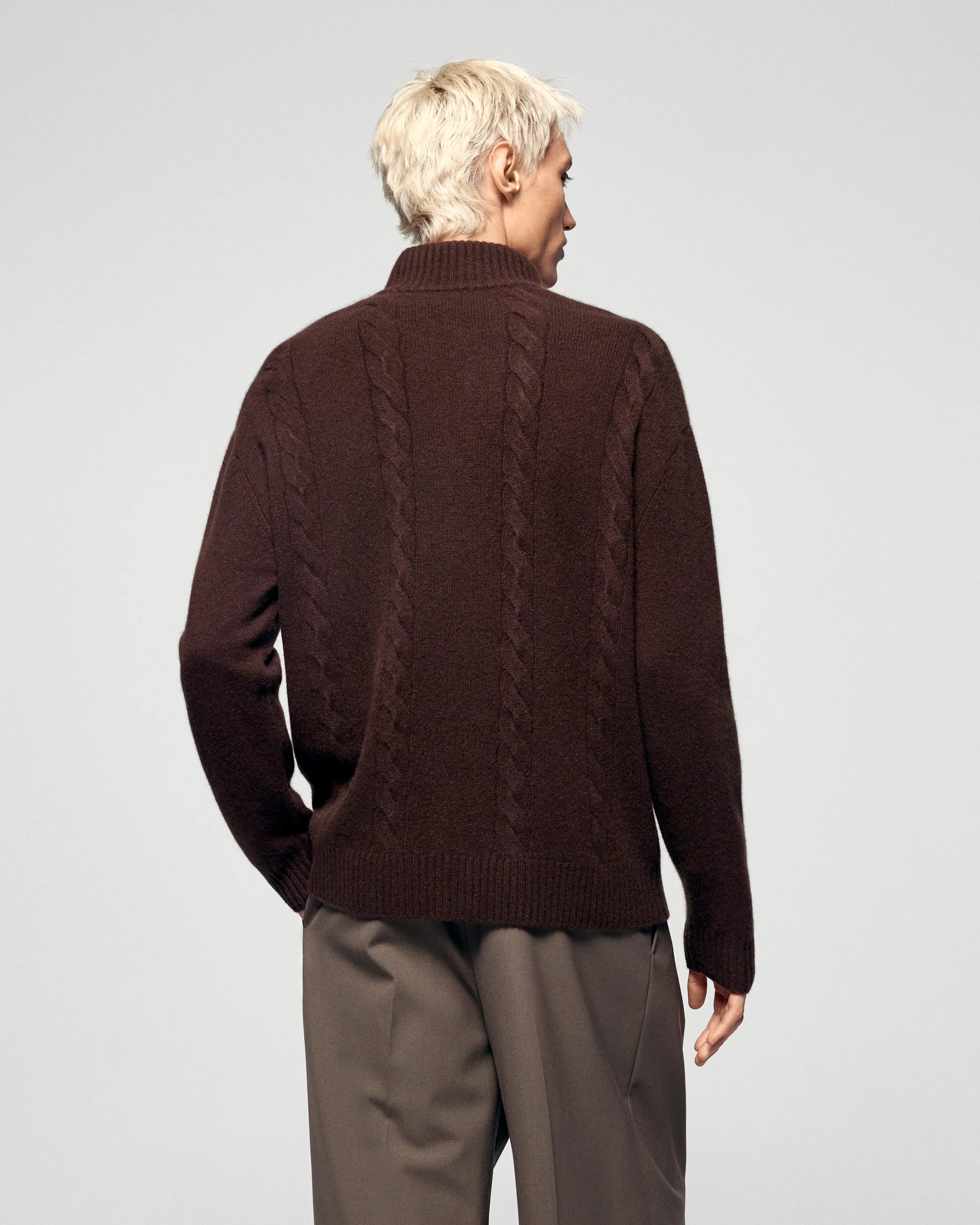 Cable Knit Quarter Zip Neck Sweater (H25 / HOMME / Chocolate) - Image 3