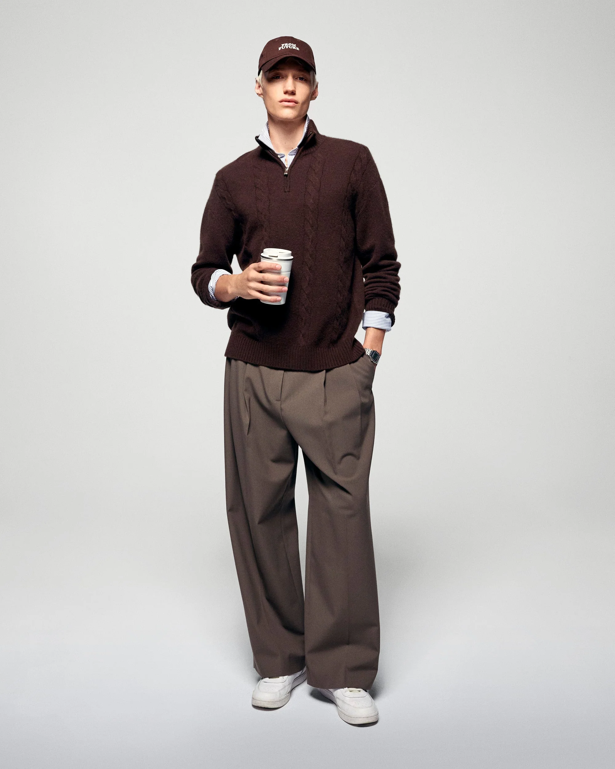 Cable Knit Quarter Zip Neck Sweater (H25 / HOMME / Chocolate) - Image 4