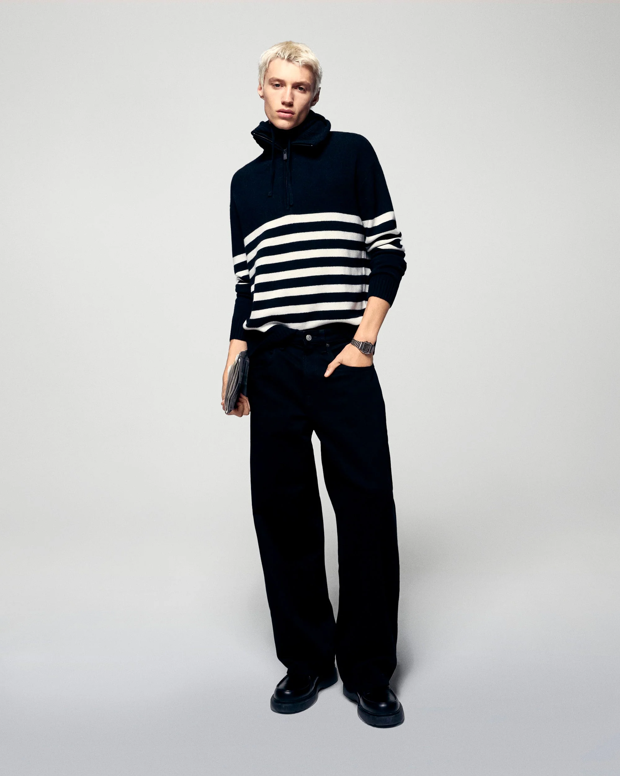 Striped Quarter Zip Neck Sweater (H25 / HOMME / Black) - Image 4