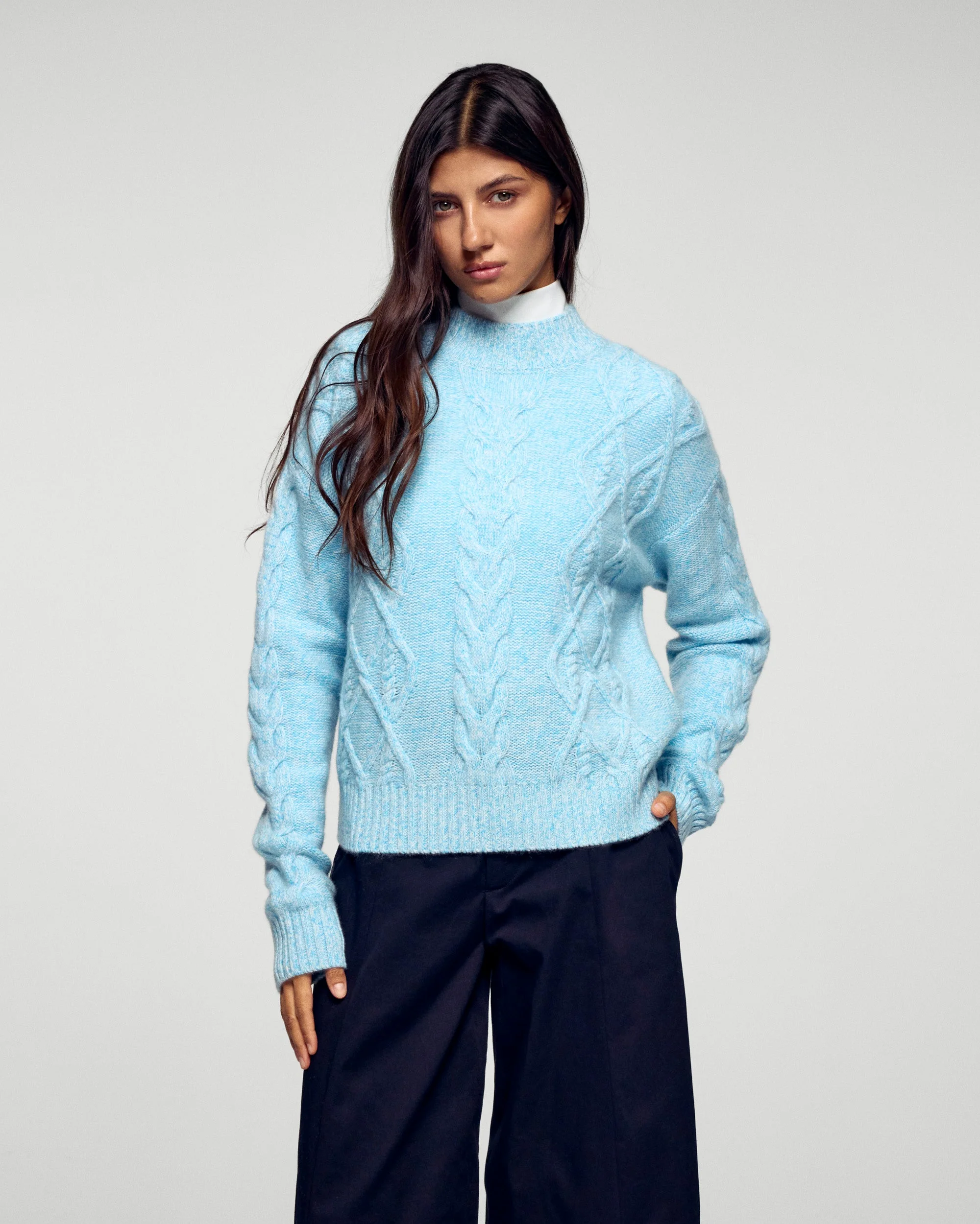 Cable Knit Mock Neck Sweater (H25 / FEMME / Fairytale Blue)