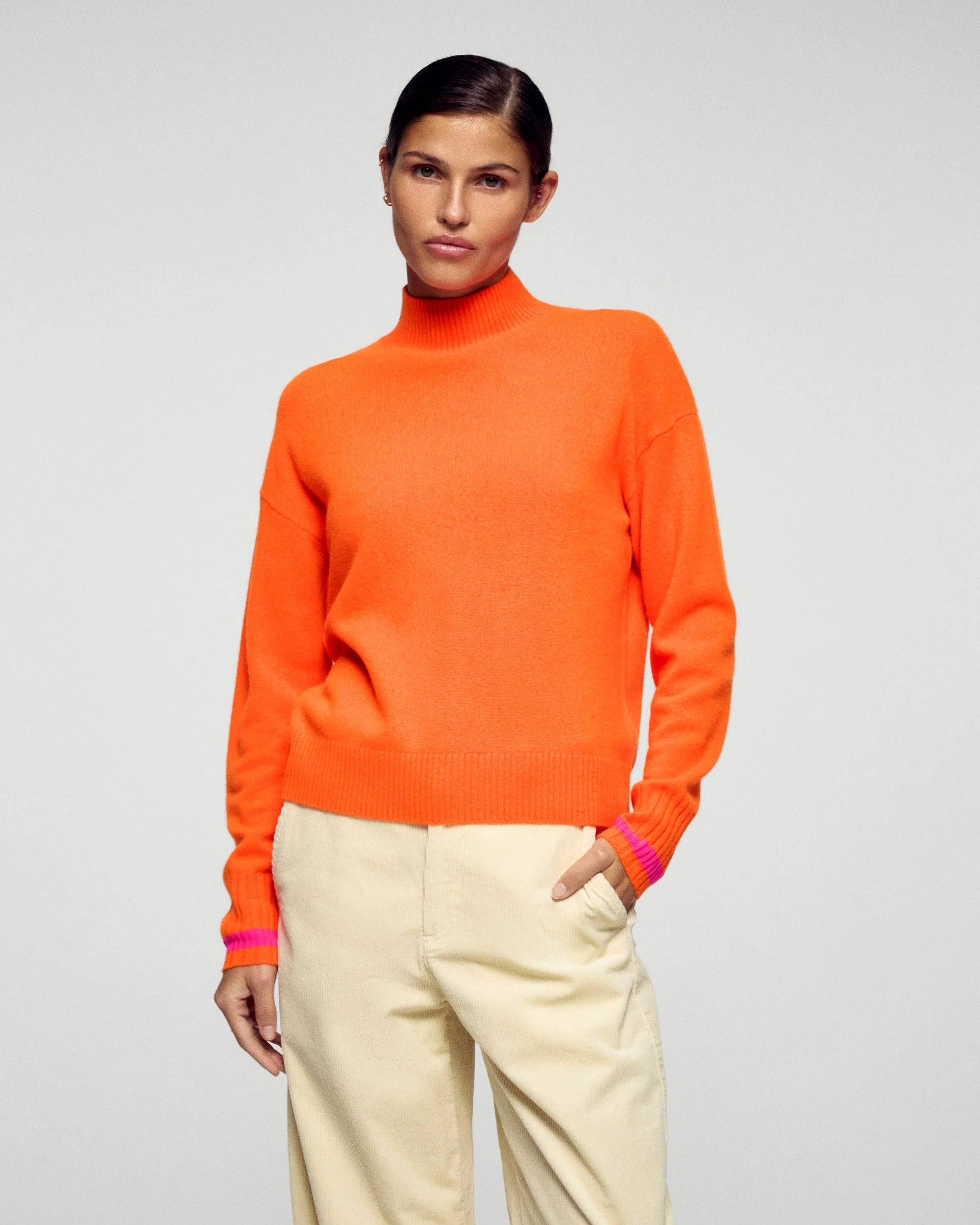 Mock Neck Sweater with Stripes (H25 / FEMME / Golden Orange)