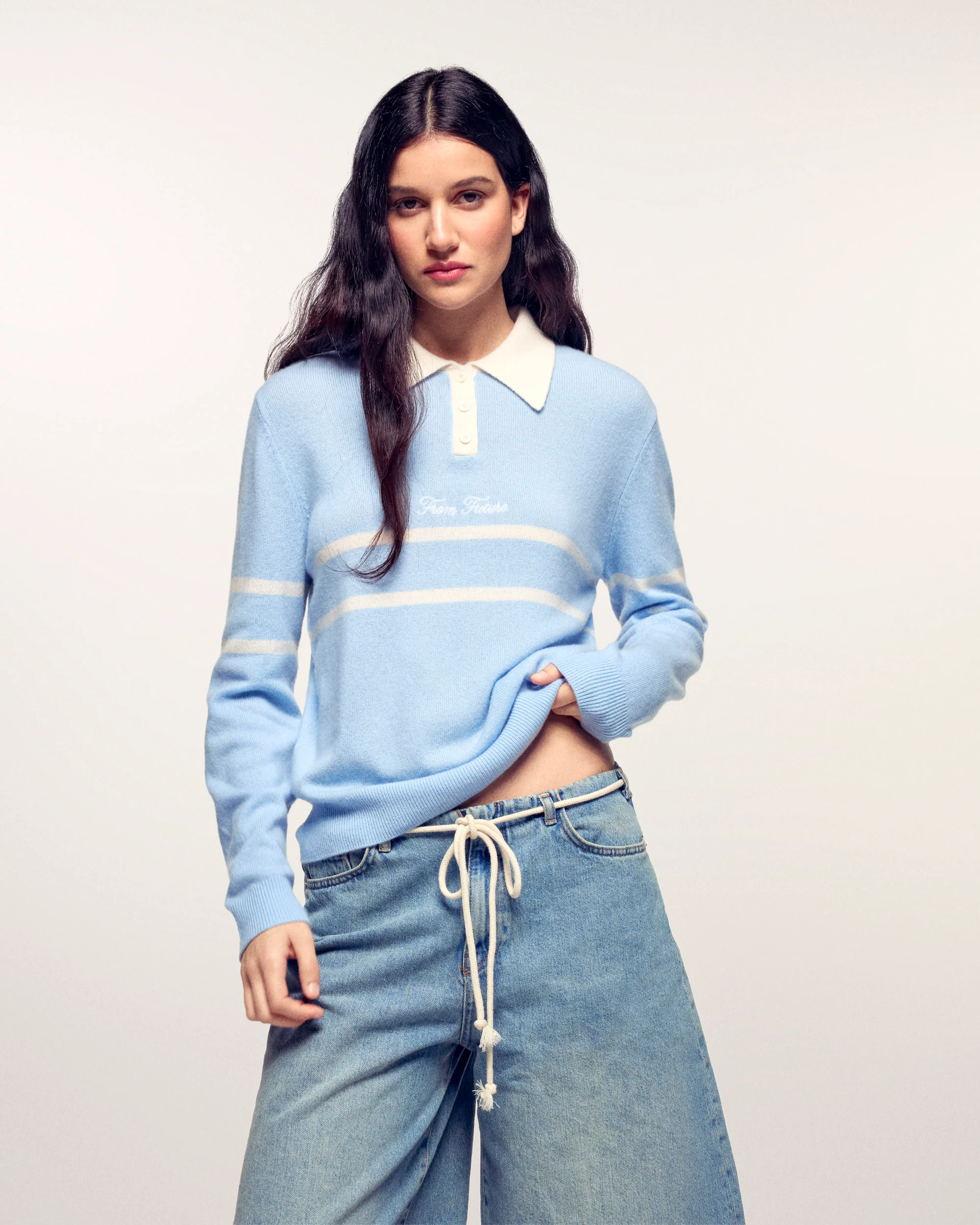 Striped Polo Neck Sweater (S26 / FEMME / Baby Blue)