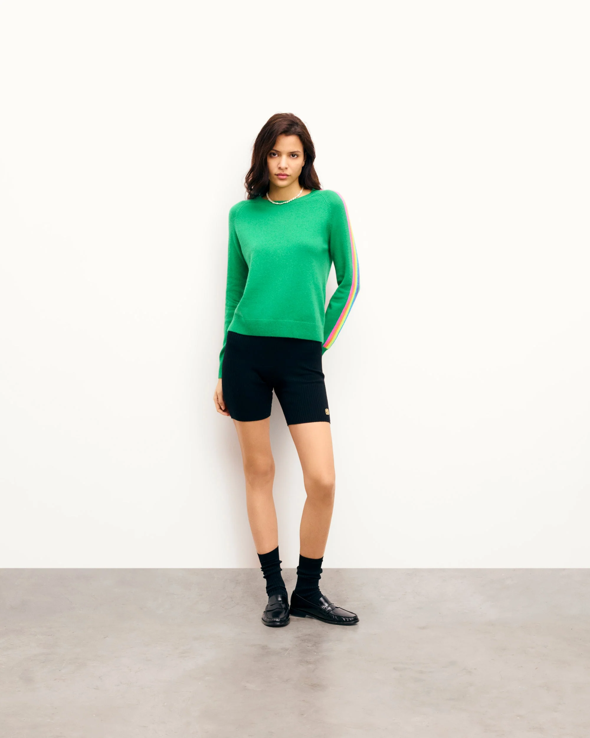 Crewneck Sweater with Multicolored Stripes on the Sleeves (S25 / WOMEN / Tropical Green) - Image 3
