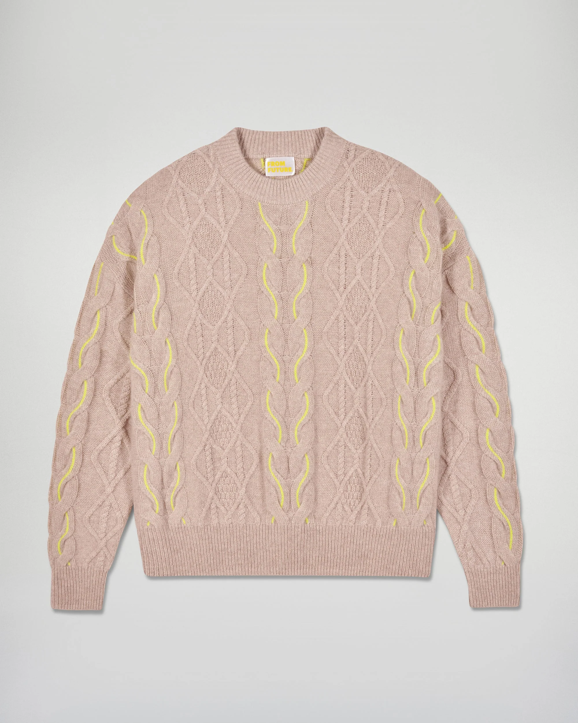 Crew Neck Two-Tone Cable Knit Sweater (H25 / FEMME / Heather Beige) - Image 5