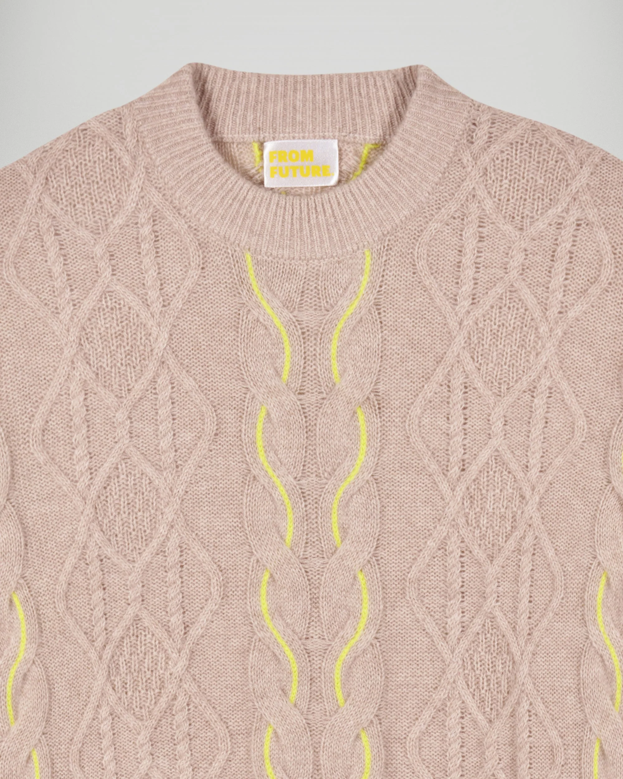 Crew Neck Two-Tone Cable Knit Sweater (H25 / FEMME / Heather Beige) - Image 6