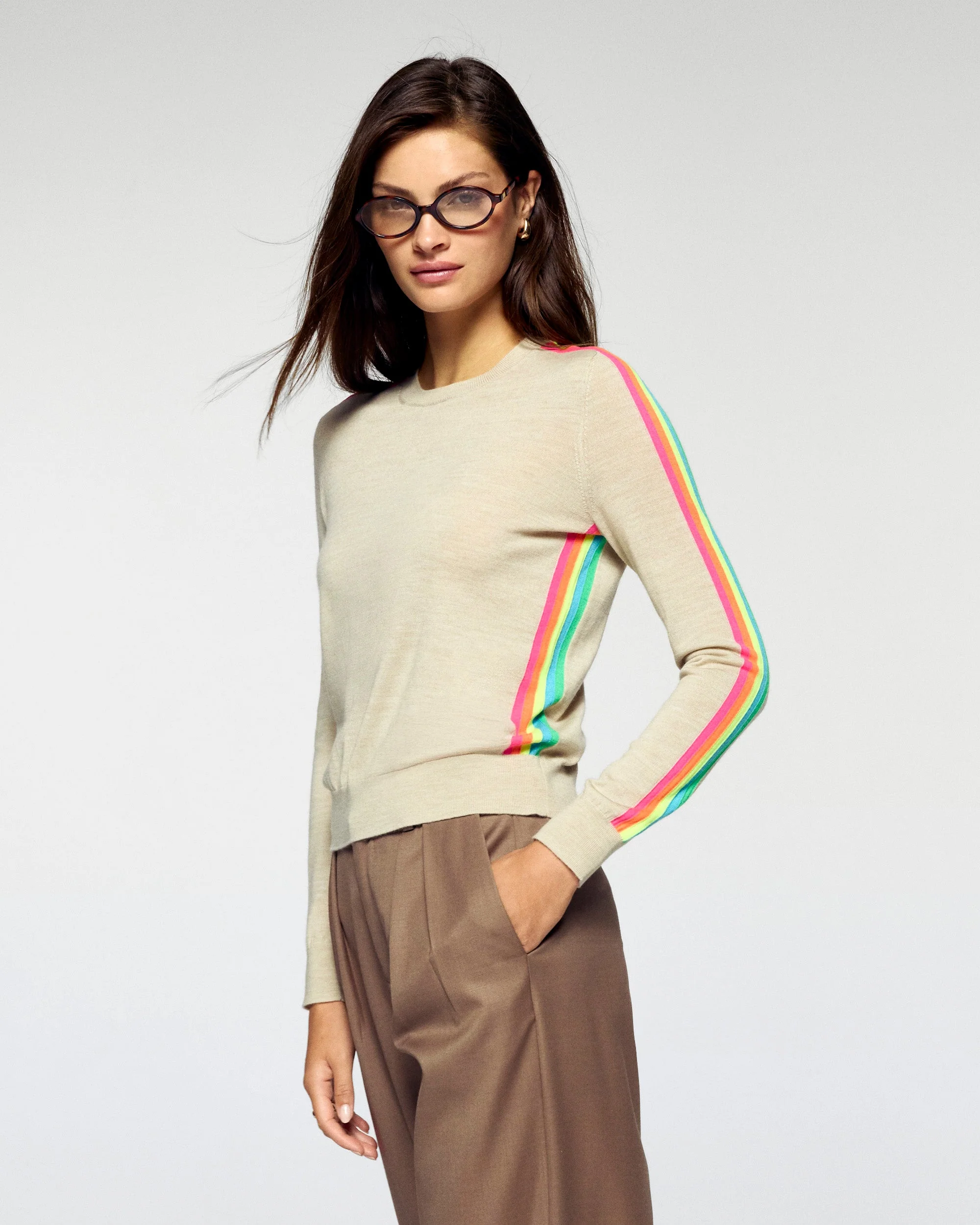 Crewneck Sweater Multicolor Sleeve Bands  (H25 / FEMME / Heather Beige / RWS) - Image 3