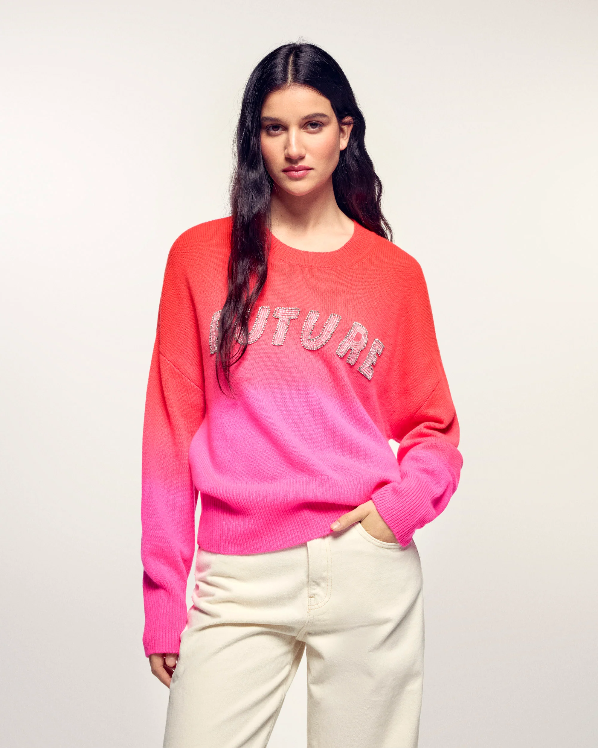 "FUTURE" Pearl Embroidered Crewneck Sweater (S26/ FEMME/ Fire Orange)