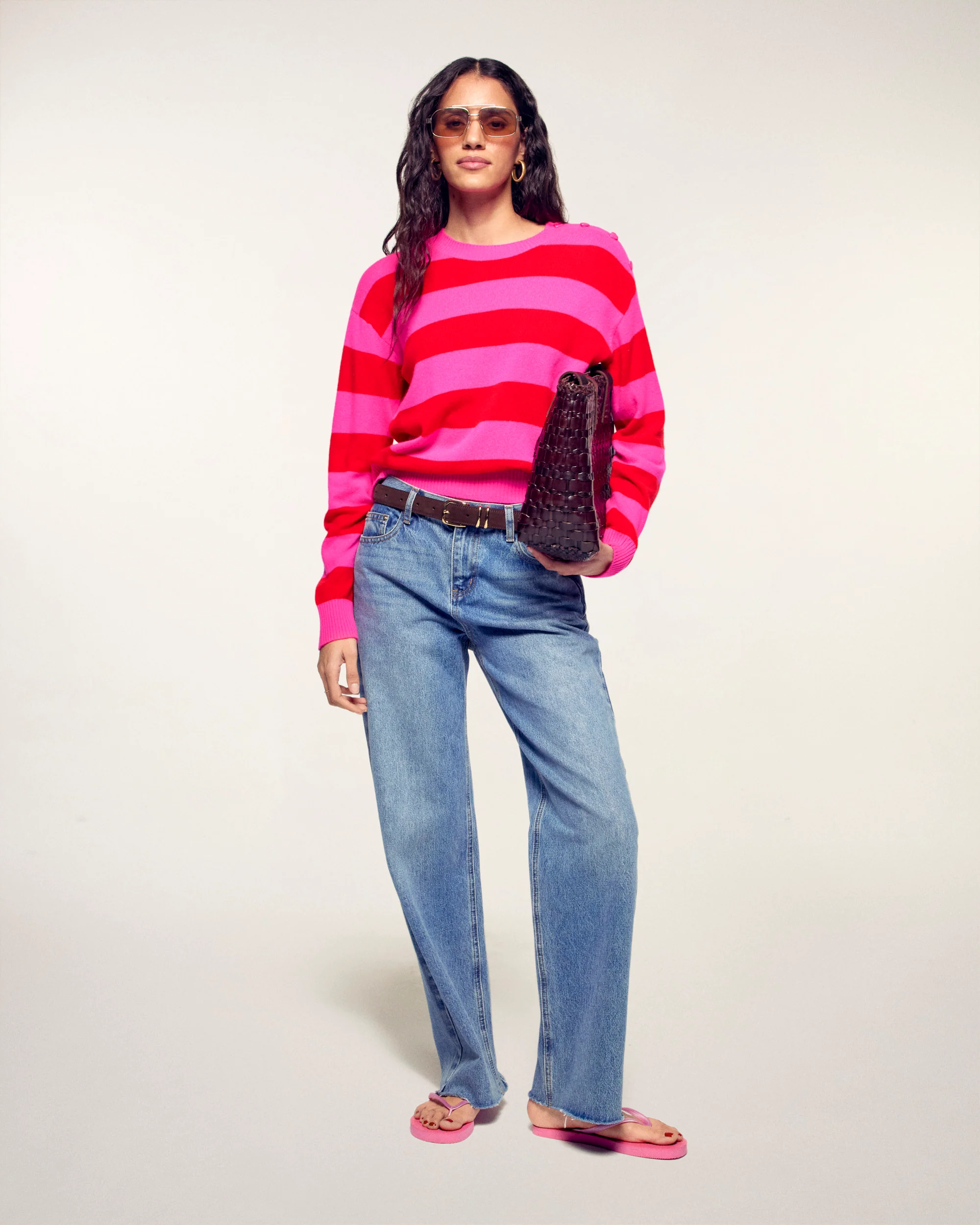 Two-Tone Striped Heart Button Crewneck Sweater (S26 / FEMME / Flash Pink) - Image 3