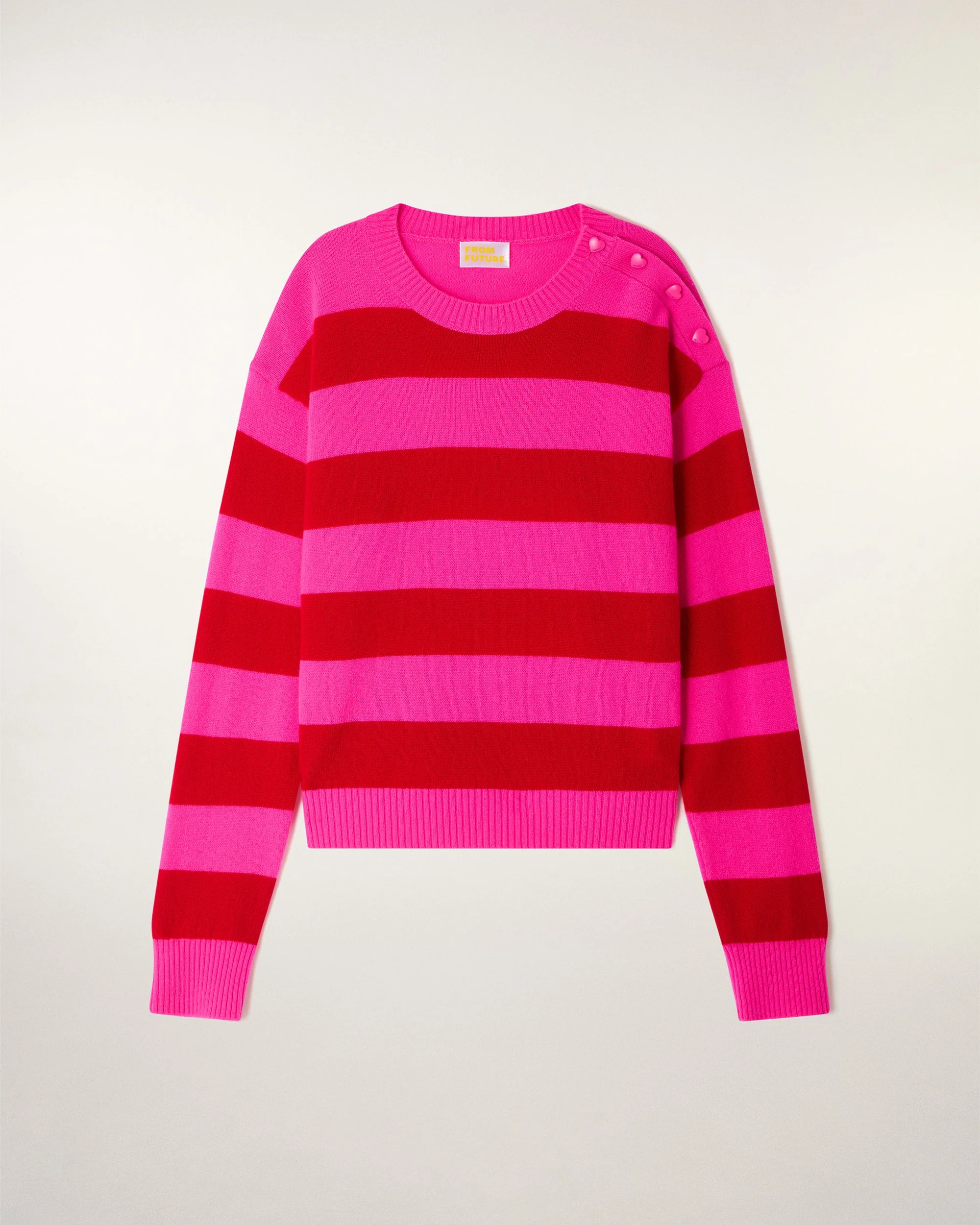 Two-Tone Striped Heart Button Crewneck Sweater (S26 / FEMME / Flash Pink) - Image 5