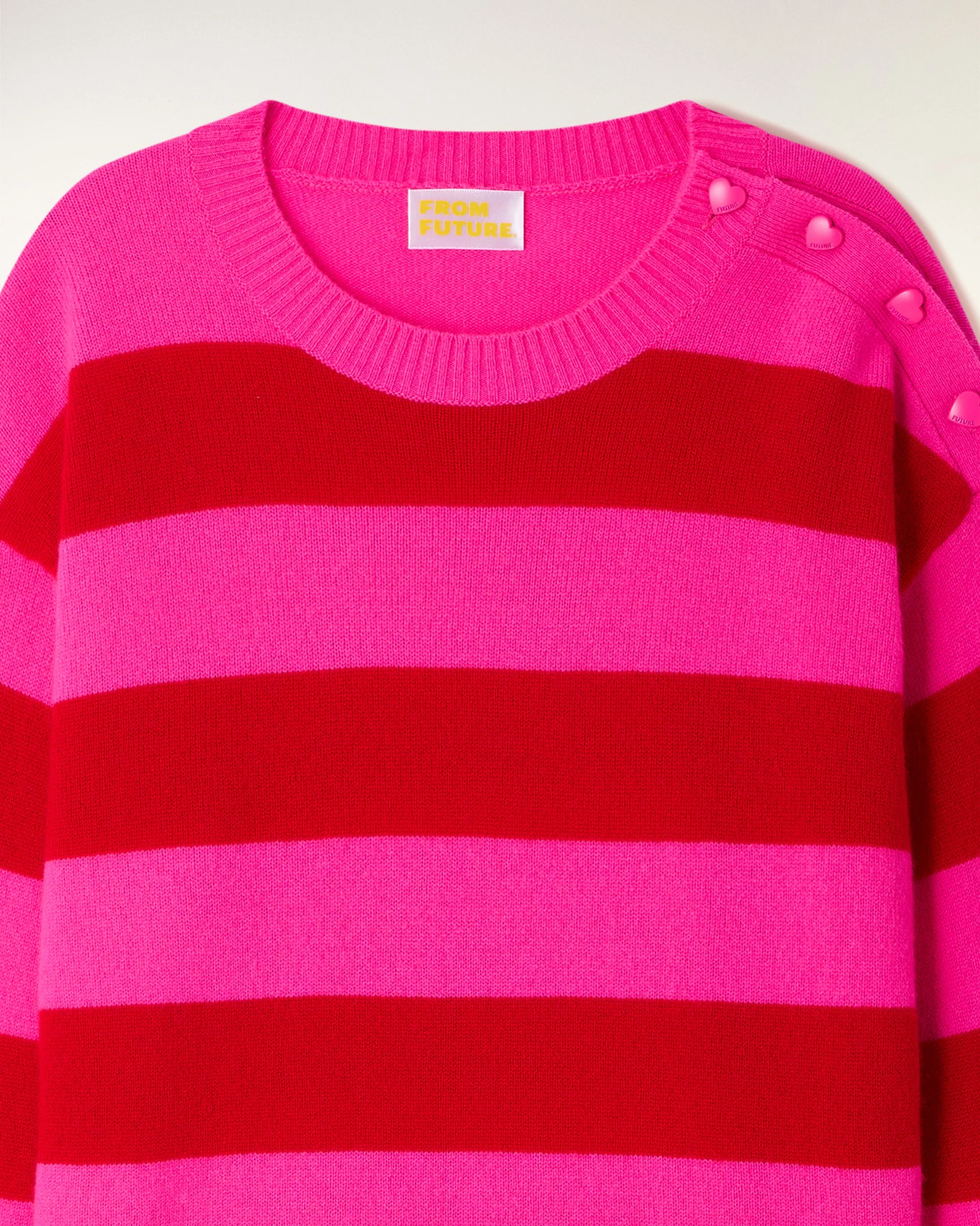 Two-Tone Striped Heart Button Crewneck Sweater (S26 / FEMME / Flash Pink) - Image 6
