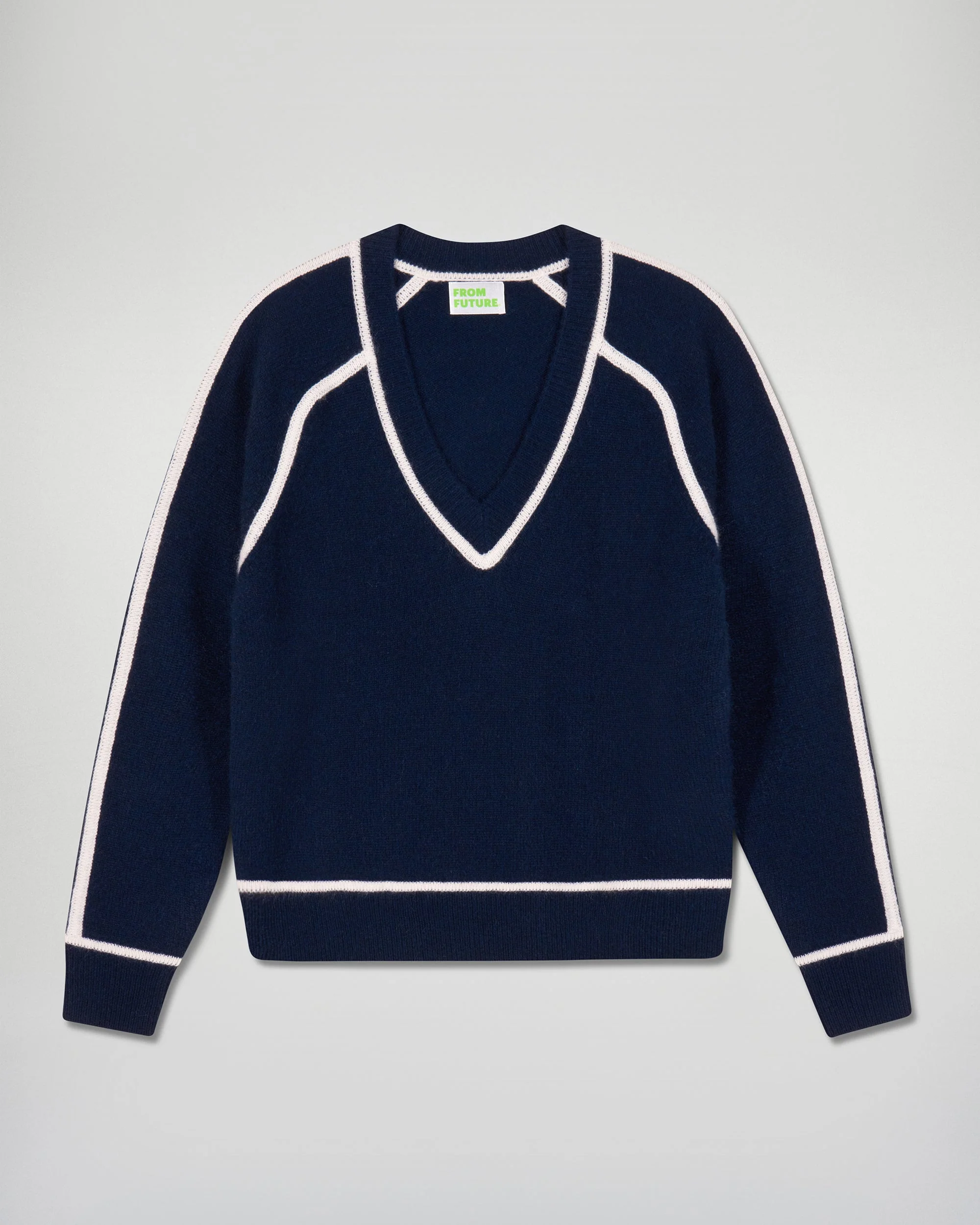 V-Neck Sweater with Contrast Trims (H25 / FEMME / Navy) - Image 5