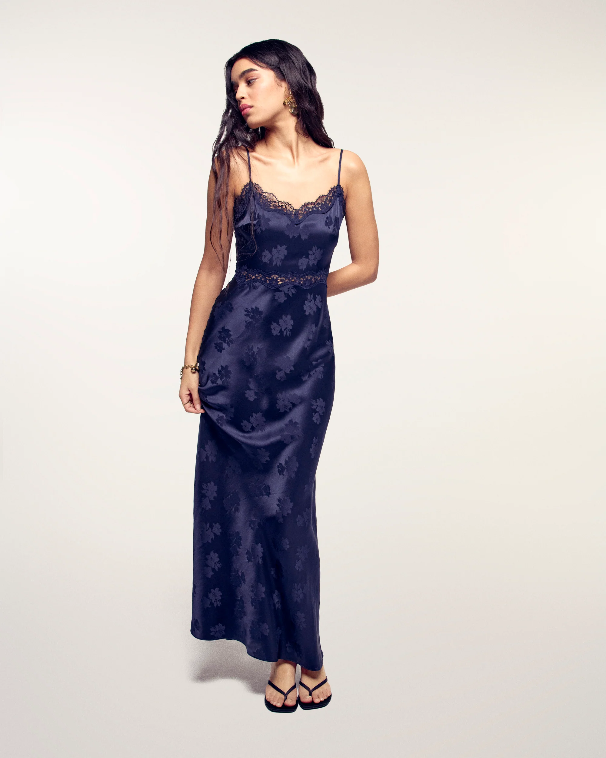 Long Lace Strappy Dress (S26 / FEMME / Navy jacquard)