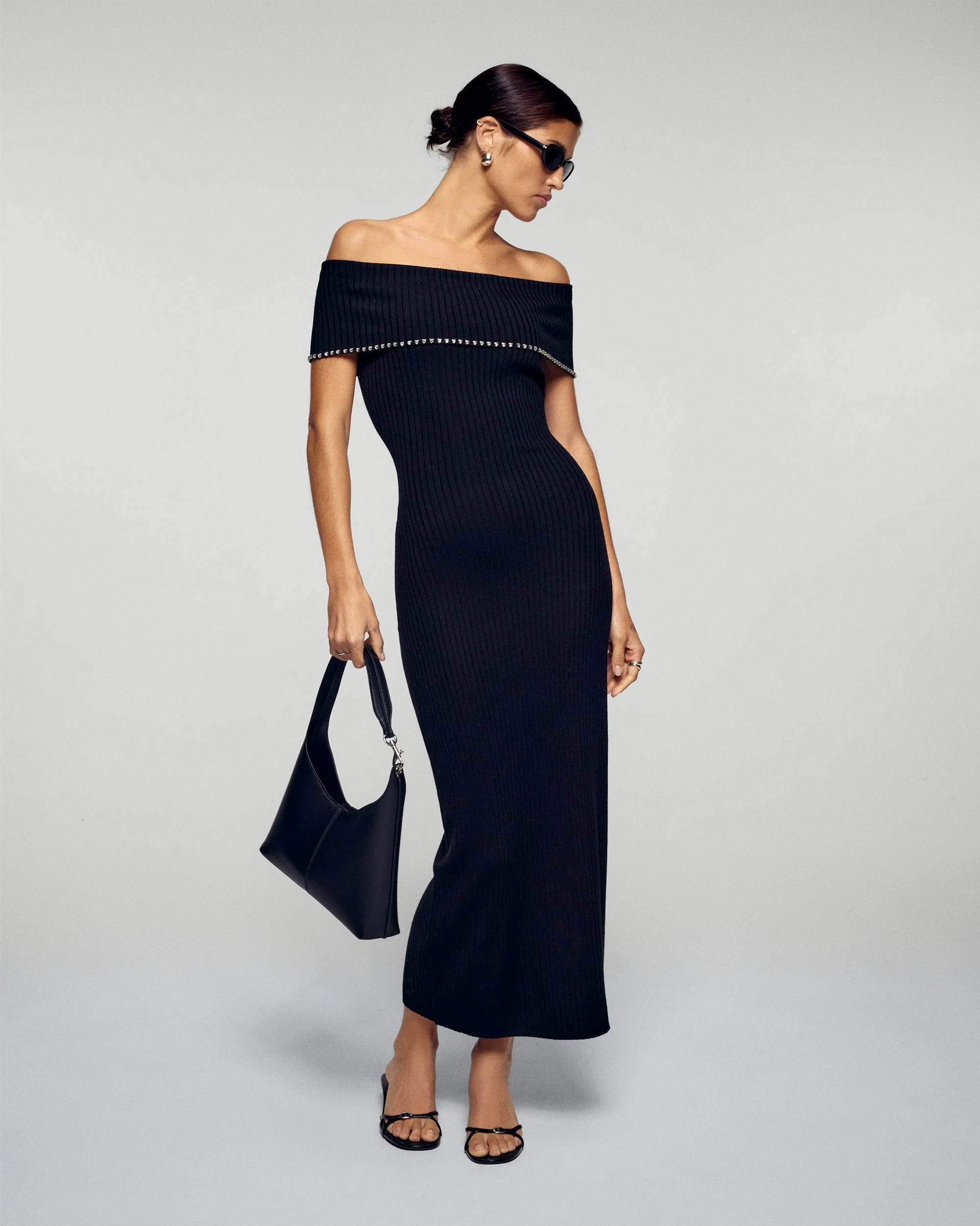 Strapless Bardot Neck Long Dress with Rhinestones (H25 / FEMME / Noir / RWS) - Image 5