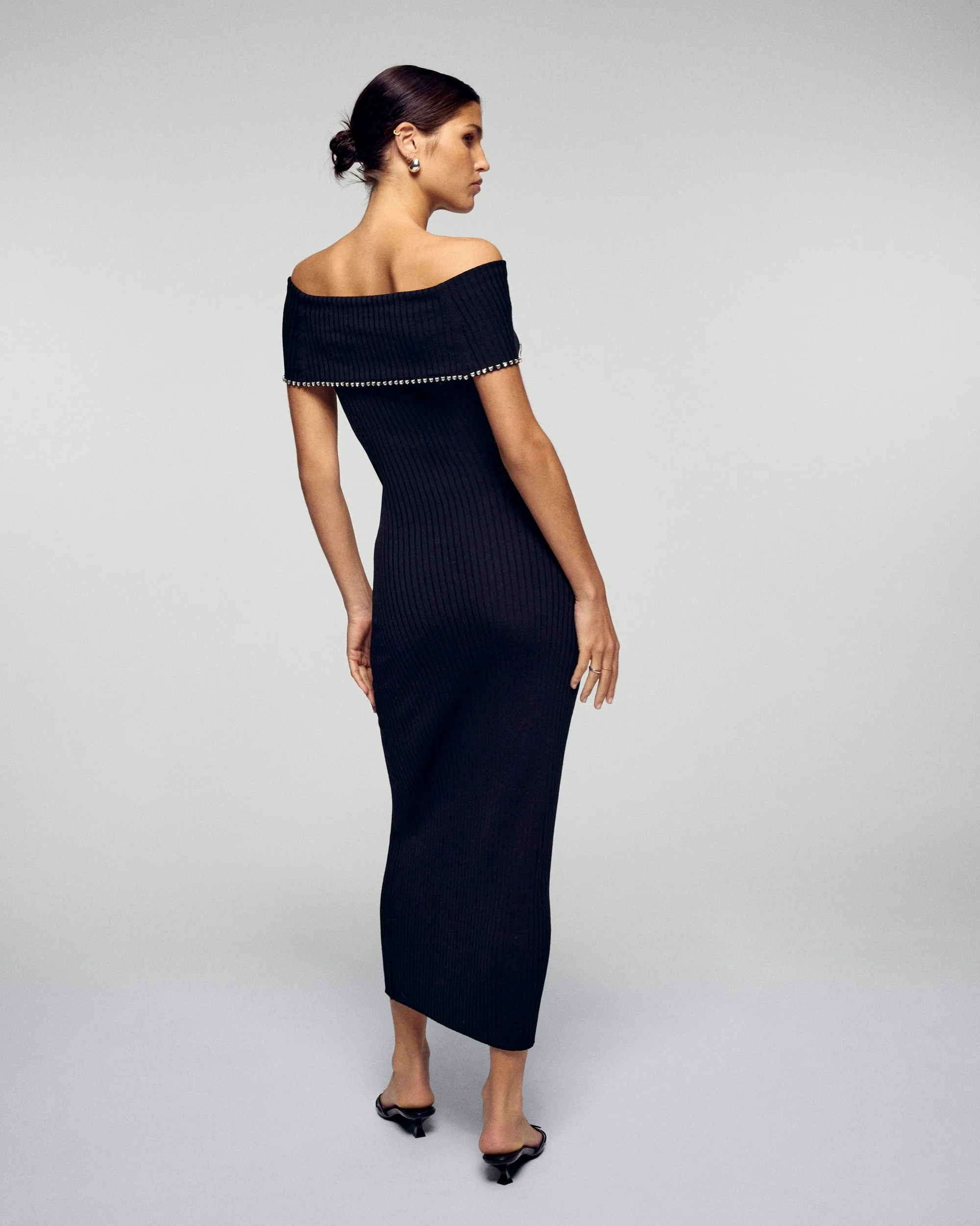 Strapless Bardot Neck Long Dress with Rhinestones (H25 / FEMME / Noir / RWS) - Image 6